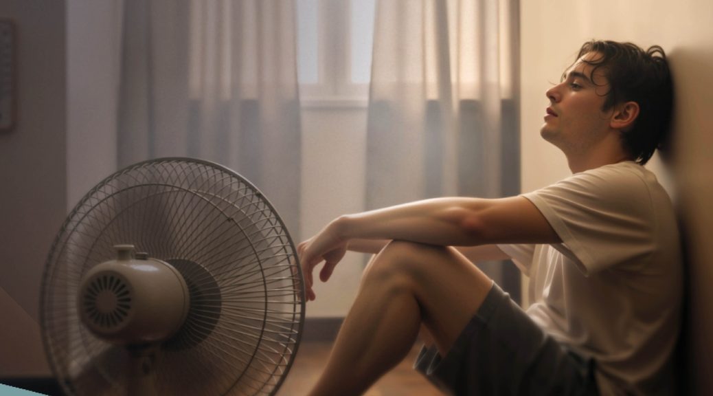 man sitting on the floor with a fan